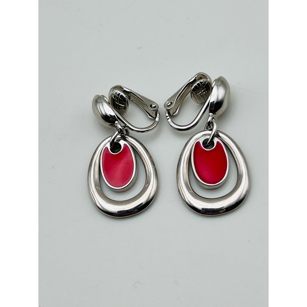 Vintage Red Enamel Double Oval Earrings Open Teardrop Clip On Silver Tone
